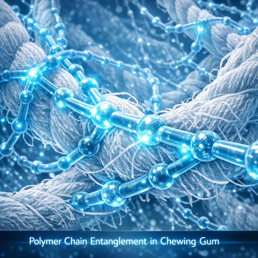 Molecular visualization of 'Polymer Chain Entanglement' in chewing gum. Shows the long-chain hydrocarbons sticking to cotton fibers. High-tech scientific rendering, glowing chemical bonds, clinical blue aesthetic, 8k.
