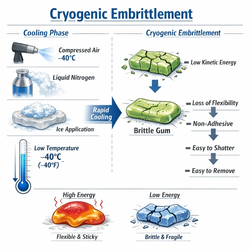 Technical diagram of 'Cryogenic Embrittlement'. illustrates how ice or compressed air (-40C) reduces the kinetic energy of gum, making it brittle and non-adhesive. Engineering schematic, thermal markers, clinical white background.