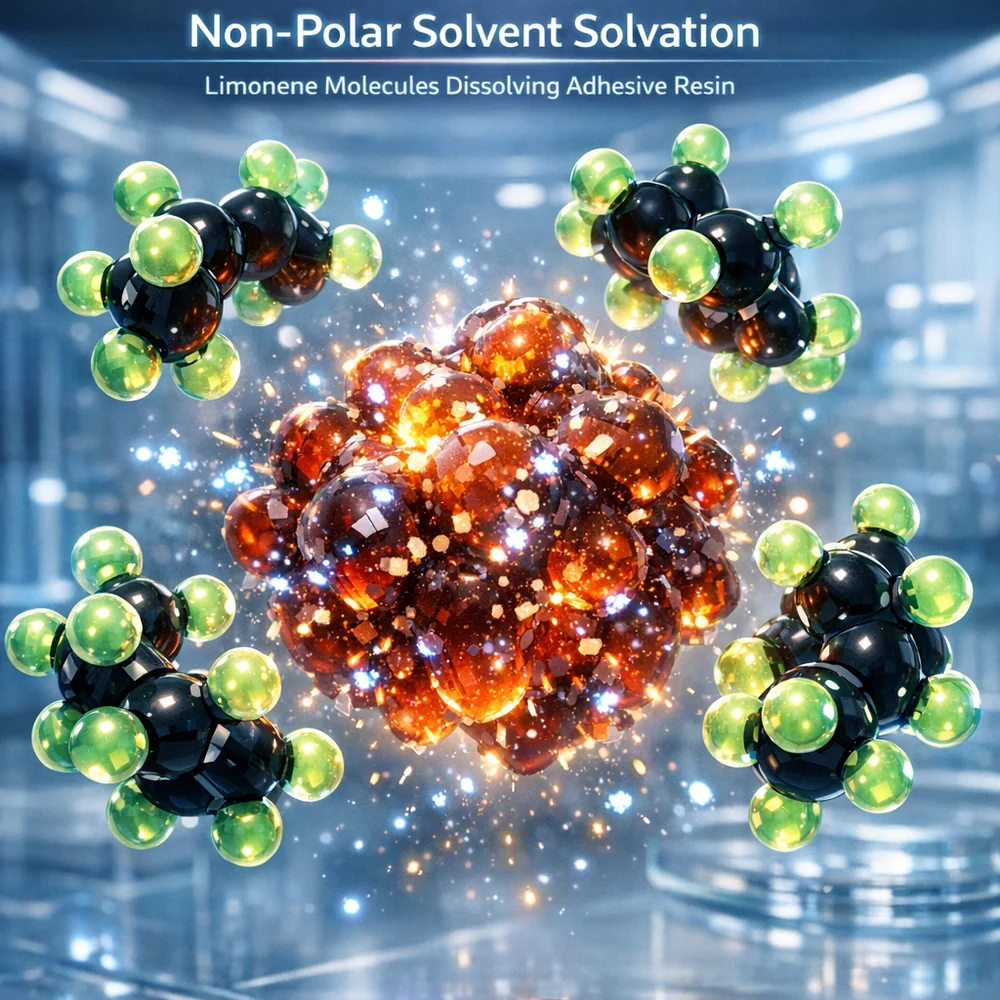 Molecular representation of 'Non-Polar Solvent Solvation'. shows limonene (citrus oil) molecules surrounding and dissolving an adhesive resin. High-tech medical animation style, glowing oxidative particles, clean lab aesthetic.