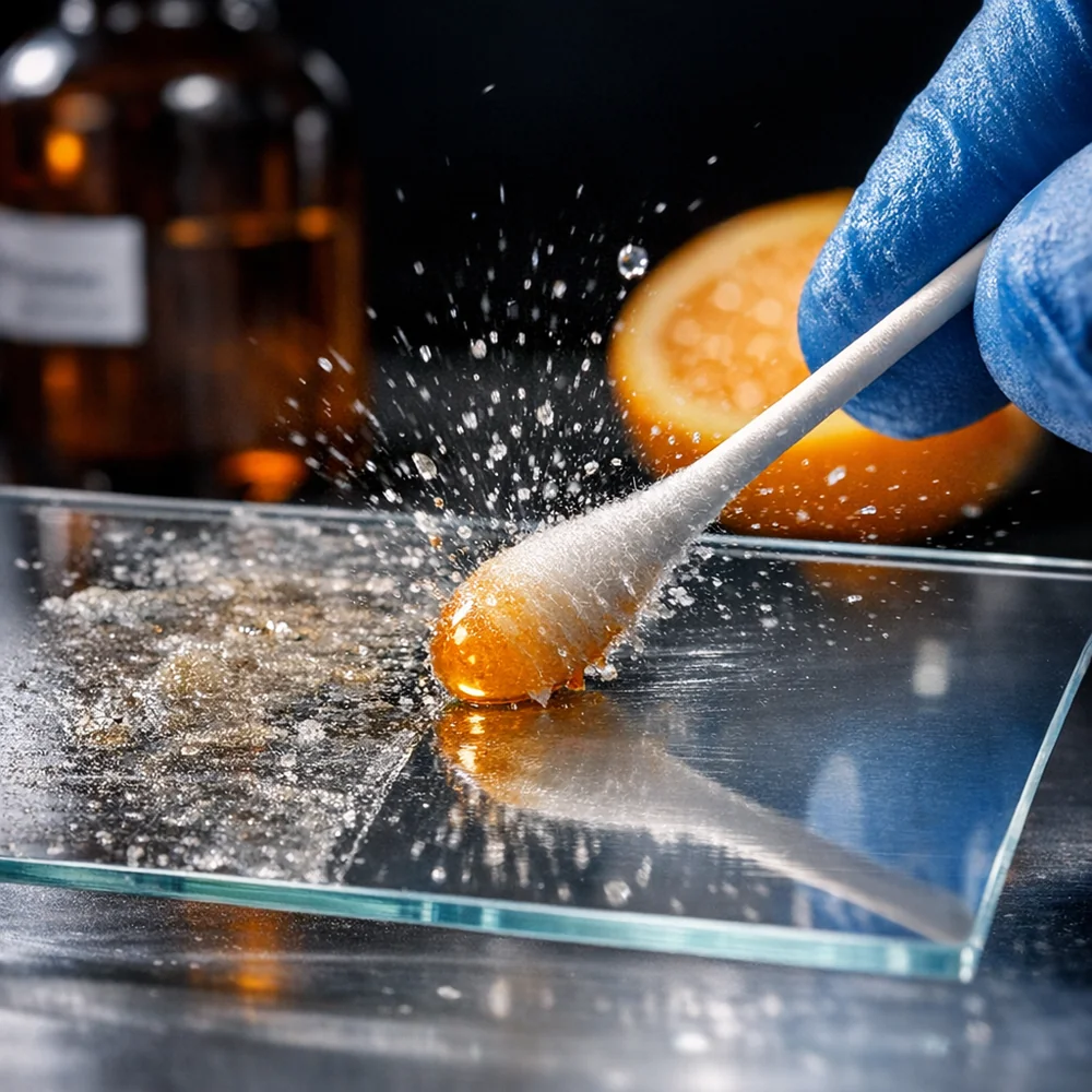 Laboratory photograph of 'D-Limonene Efficacy' on tape residue. shows a clear glass plate with adhesive being wiped clean with a citrus-soaked swab. High-speed scientific capture, sharp focus, professional lighting.