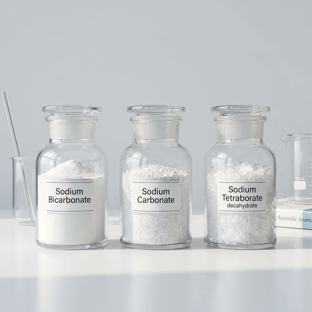 Clinical laboratory photograph of three distinct crystal structures: Sodium Bicarbonate (fine, monoclinic crystals), Sodium Carbonate (coarser, anhydrous granules), and Sodium Tetraborate (translucent decahydrate crystals). Arranged on a sterile matte black surface under high-contrast surgical lighting. Extreme close-up with a shallow depth of field, 8k resolution, photorealistic, scientific aesthetic.