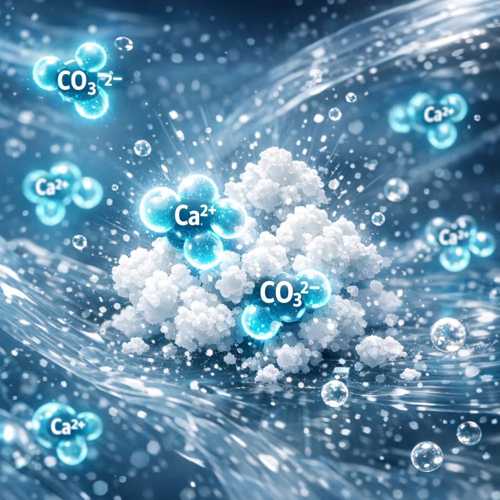 Microscopic visualization of Sodium Carbonate ions (CO3 2-) aggressively binding with Calcium ions (Ca 2+) in an aqueous solution. High-tech medical animation style showing the precipitation of white Calcium Carbonate particles. Glowing ion representations, fluid dynamics, clean lab aesthetic, 4k.