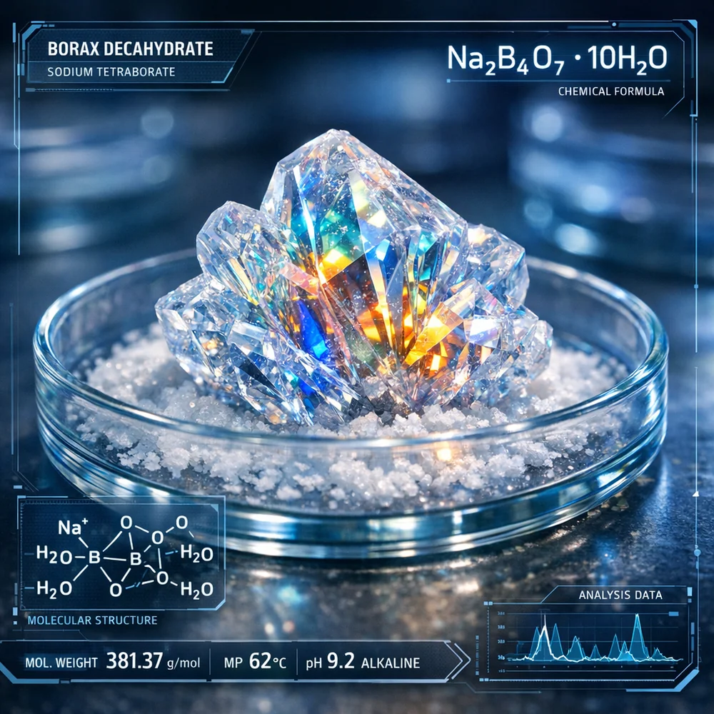 A macro-photograph of a Borax decahydrate crystal (Sodium Tetraborate) reflecting light in a prismatic fashion. The crystal is resting inside a glass petri dish on a laboratory bench with soft blue ambient lighting. Professional clinical photography, high-tech interface overlay showing chemical formula, photorealistic, 4k.