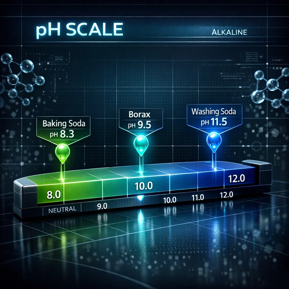 Scientific graph-style 3D render of a pH scale (8.0 to 12.0) with three markers: Baking Soda (8.3), Borax (9.5), and Washing Soda (11.5). The background is a sleek, dark laboratory interface with floating molecular structures. Professional data visualization, high-tech medical aesthetic, clean and authoritative.
