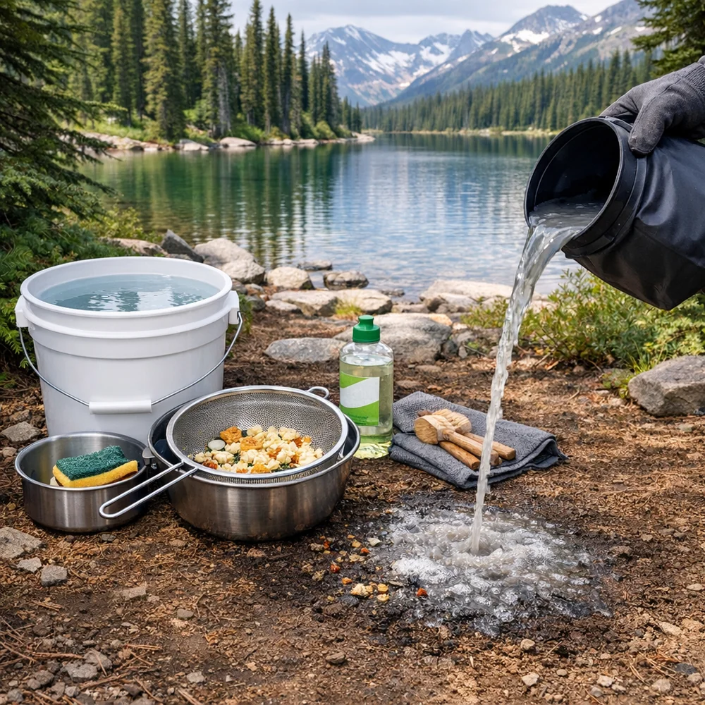 Professional setup of an outdoor dishwashing station 200 feet from a clear alpine lake. Features a bucket of water, a fine mesh strainer with food particles, and a small pile of greywater being broadcast over soil. Clinical lighting, Leave No Trace aesthetic.