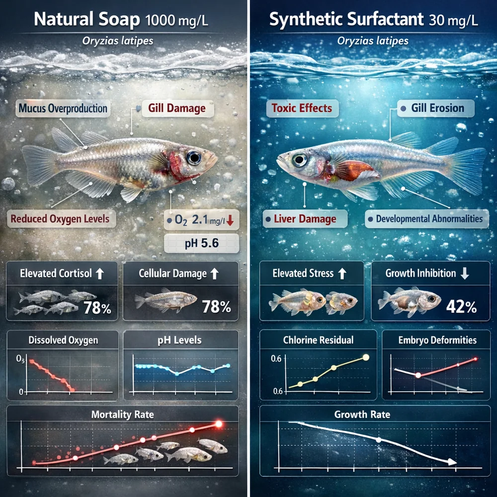 Side-by-side scientific visualization of fish (Oryzias latipes) in water with 1000mg/L natural soap vs 30mg/L synthetic surfactant. High-tech biological rendering, clinical data overlay, 8k.