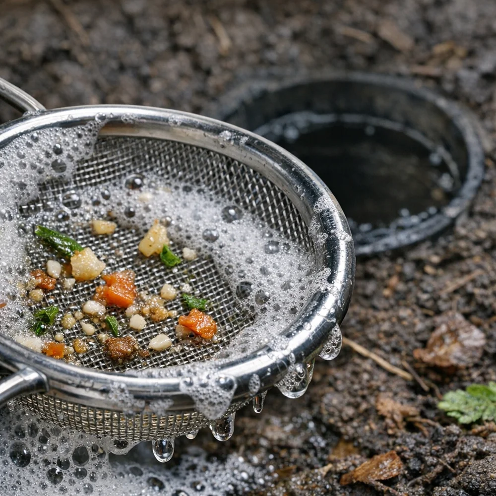 Macro shot of a fine mesh strainer catching small food particles from soapy water. Background shows a well-placed sump hole in dark forest soil. Technical focus, sharp detail, 4k.