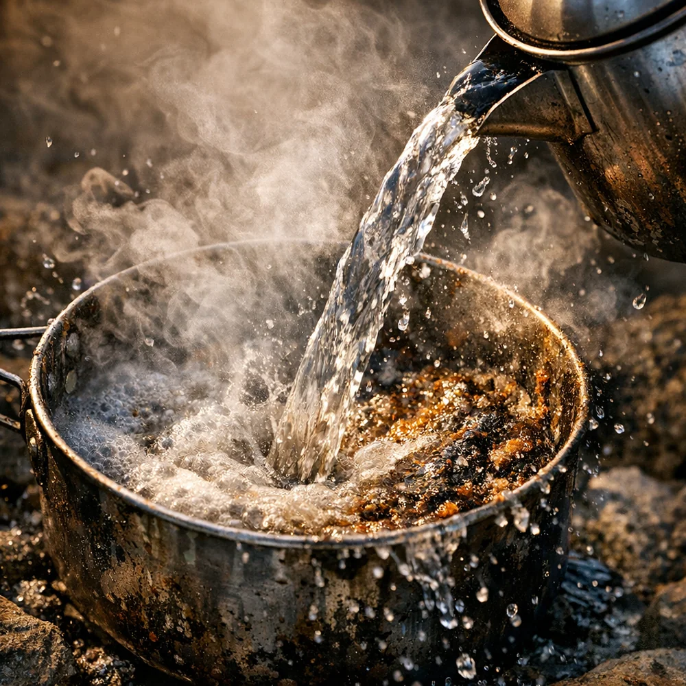 Action shot of boiling water being poured over a greasy camping pot, showing the steam and mechanical removal of residue. High-speed photography, cinematic lighting, photorealistic.