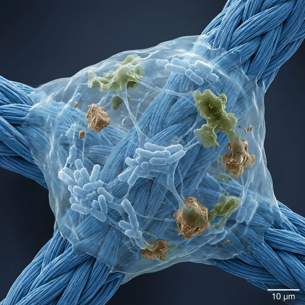Clinical photograph of a cross-section of a washing machine drum revealing a thick, multi-layered biological film (biofilm). Textured layers of slimy organic matter mixed with mineral deposits. Hospital-grade lighting, hyper-realistic, 8k, scientific focus on microbial architecture.