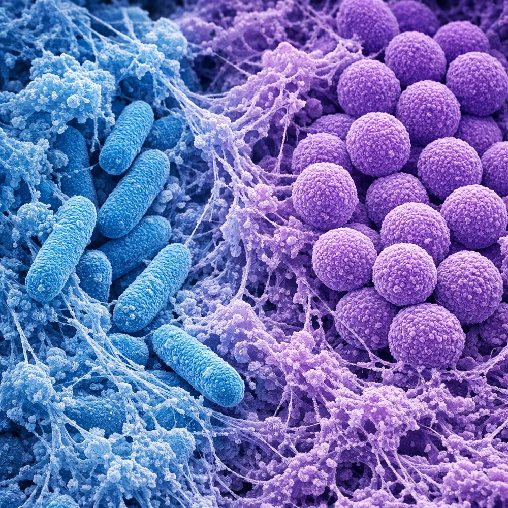 Scanning electron microscope (SEM) visualization of Pseudomonas and Staphylococcus bacteria embedded in a polysaccharide matrix of a biofilm. False-color rendering with clinical blue and violet hues. Detailed extracellular polymeric substances (EPS) visible, microscopic perspective, 4k, photorealistic.