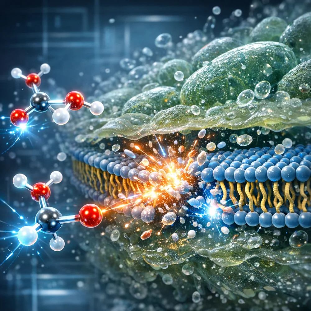 3D molecular visualization of an oxidative agent (Peracetic Acid) attacking the cellular membrane of bacteria within a biofilm. Visual representation of chemical oxidation and lipid bilayer disruption. High-tech medical simulation style, glowing chemical bonds, clean lab aesthetic.