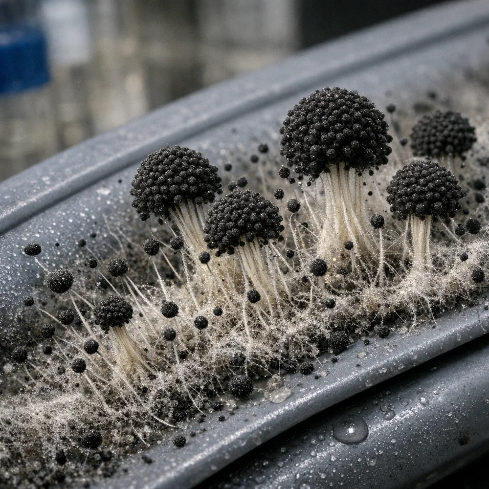 Extreme macro photograph of a black mold (Aspergillus) colony thriving on a grey EPDM rubber washing machine gasket. Focus on the fungal hyphae and spore structures. Clinical laboratory setting, sharp focus, 8k resolution, photorealistic and detailed.