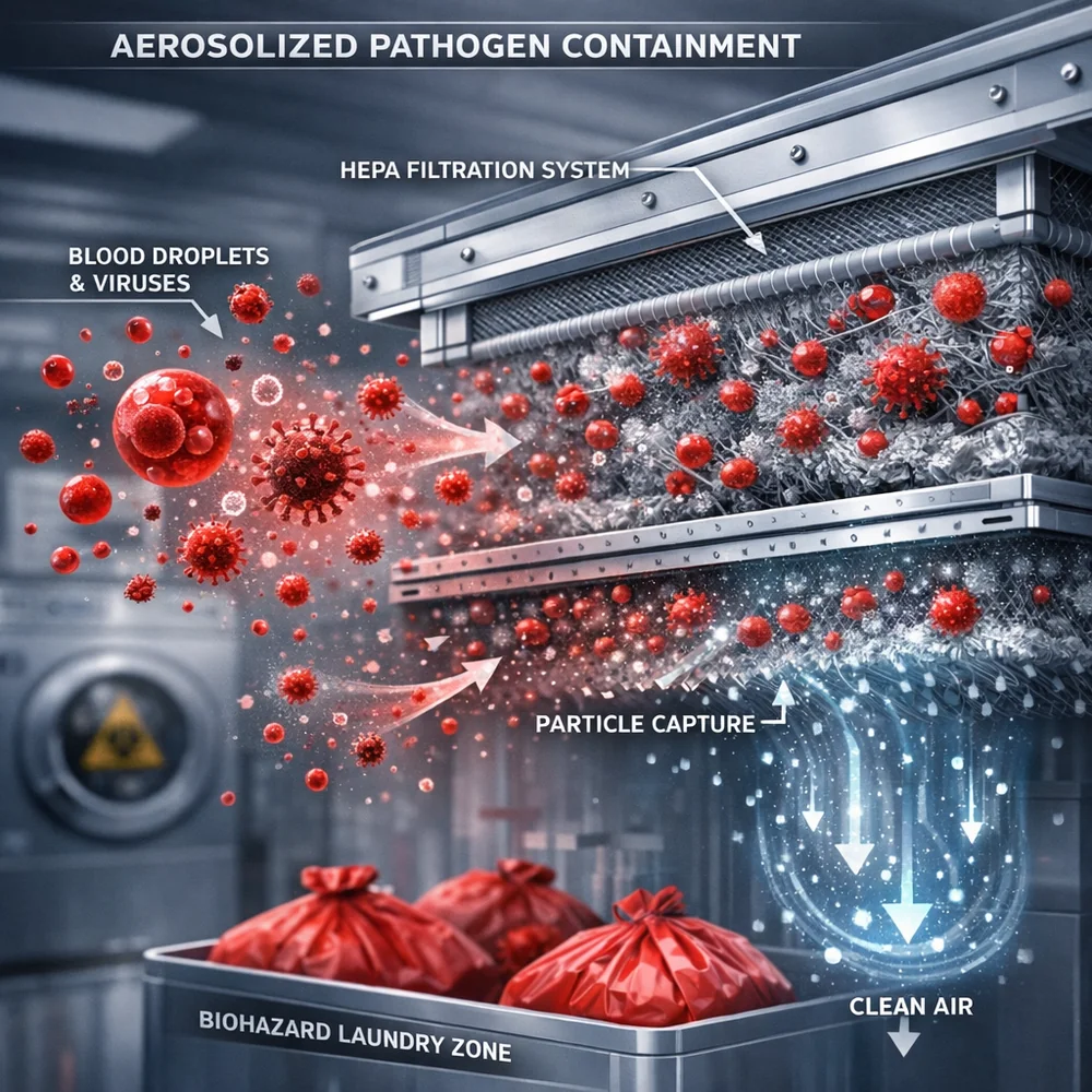 Scientific 3D model of 'Aerosolized Pathogen Containment'. Shows microscopic droplets of blood and viral particles being trapped by a specialized HEPA filtration system in a biohazard laundry zone. High-tech medical visualization, clinical grey and red hues, 8k.