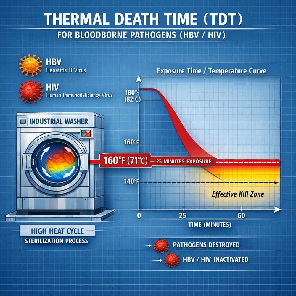 Technical diagram of 'Thermal Death Time' (TDT) for bloodborne pathogens (HBV/HIV). Illustrates the 160F (71C) threshold for 25 minutes of exposure in an industrial washer. Engineering schematic, thermal heat maps, clinical blue background.