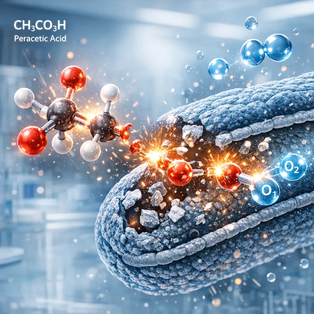Molecular visualization of 'Peracetic Acid' (CH3CO3H) oxidizing a bacterial spore wall. Shows the chemical bonds breaking and the release of oxygen. High-tech medical animation style, glowing oxidative particles, clean lab aesthetic.