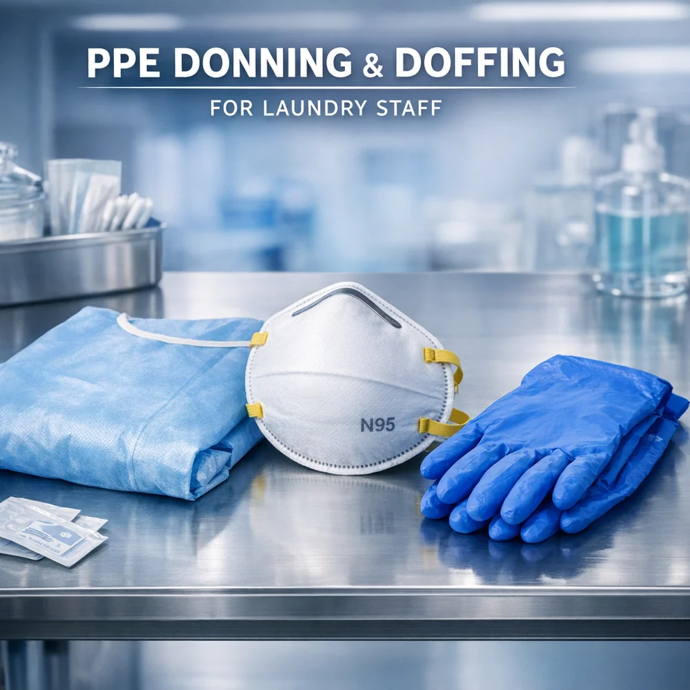 Professional setup of 'PPE Donning and Doffing' for laundry staff. Features a disposable gown, N95 respirator, and thick nitrile gloves on a sterile clinical bench. High-tech medical photography, professional lighting, photorealistic.