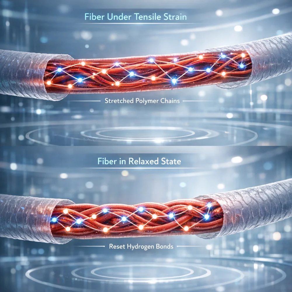 Scientific 3D visualization of fiber recovery physics. Shows one wool fiber under tensile strain (stretched polymer chains) and one fiber in a relaxed state (reset hydrogen bonds). High-tech medical animation style, glowing atomic connections, clean lab aesthetic, 4k.