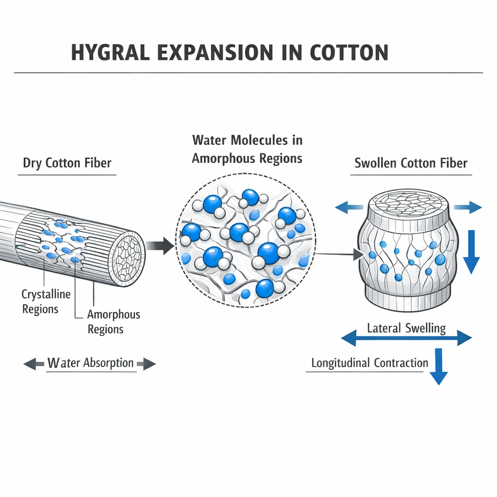 Conceptual diagram illustrating hygral expansion in cotton. Shows water molecules entering the amorphous regions of the fiber, causing lateral swelling and longitudinal contraction. Technical engineering schematic style, blue liquid indicators, clinical white background.