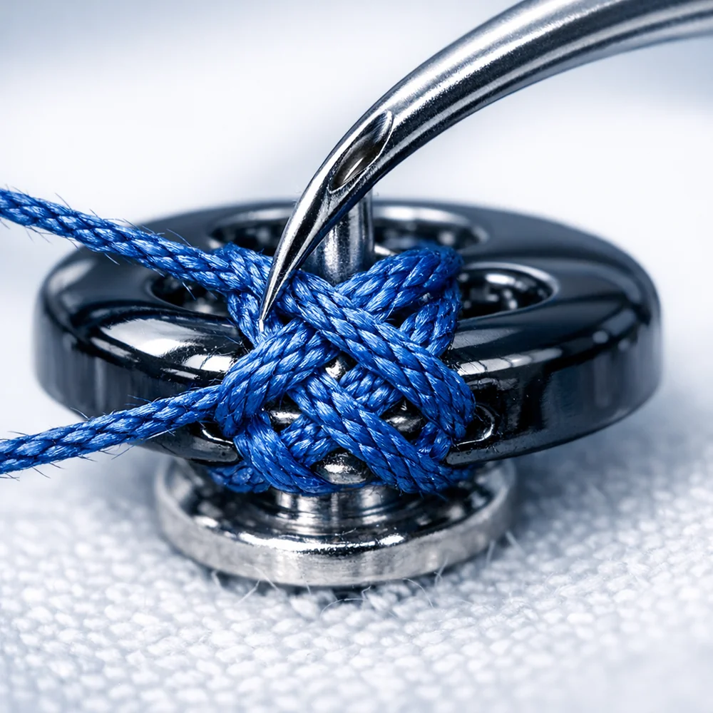 Extreme macro photograph of a technical mending protocol. A surgical needle and fine silk thread reinforcing a button shank with a precise 'cross-stitch' pattern. Sharp focus on fiber-thread interface, sterile laboratory lighting, professional clinical aesthetic.