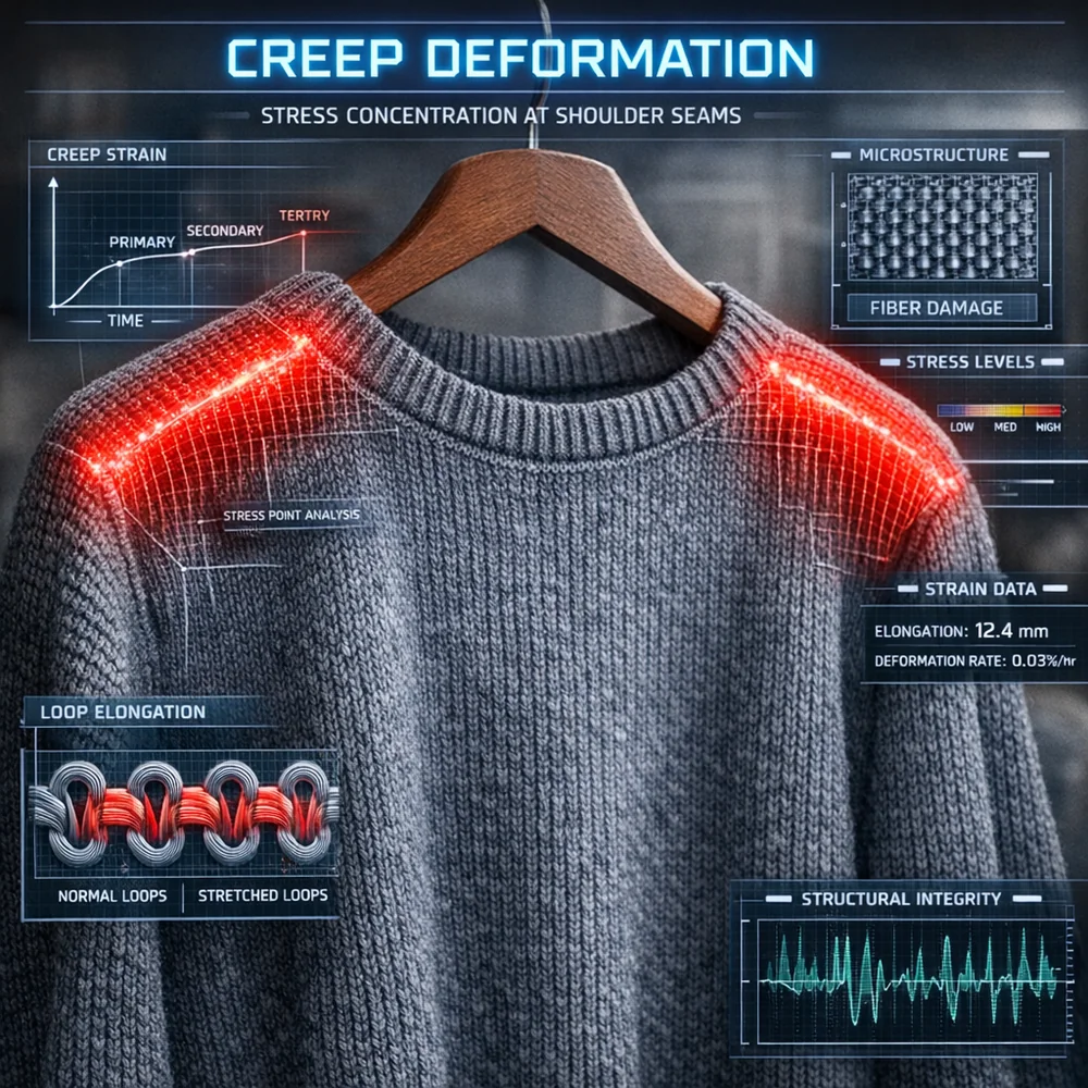 Visualization of 'Creep Deformation' in a hanging knit garment. Red highlight zones indicate stress concentration at the shoulder seams where gravity has permanently elongated the loops. High-tech diagnostics overlay, 8k resolution, photorealistic fabric texture.