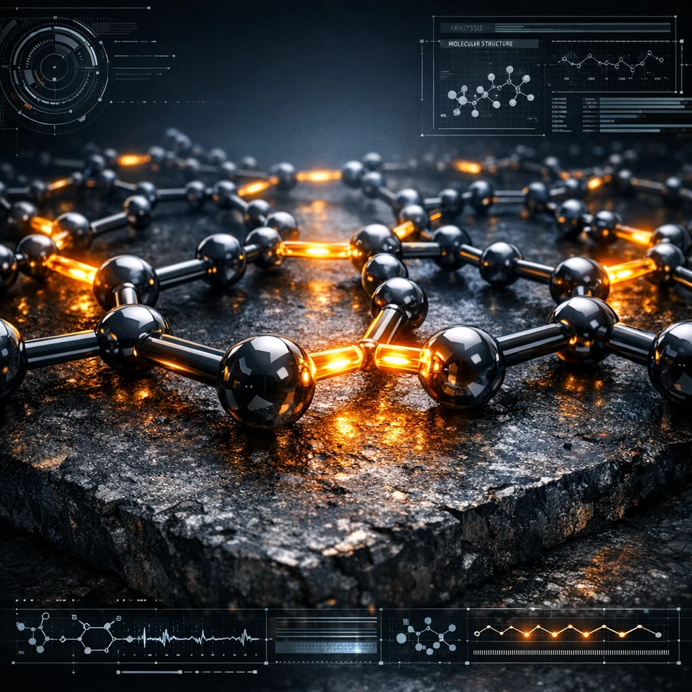 Sleek 3D molecular visualization of unsaturated fatty acid chains cross-linking into a solid polymer matrix on a textured iron surface. Glowing amber bonds, clinical dark background, high-tech interface overlay.