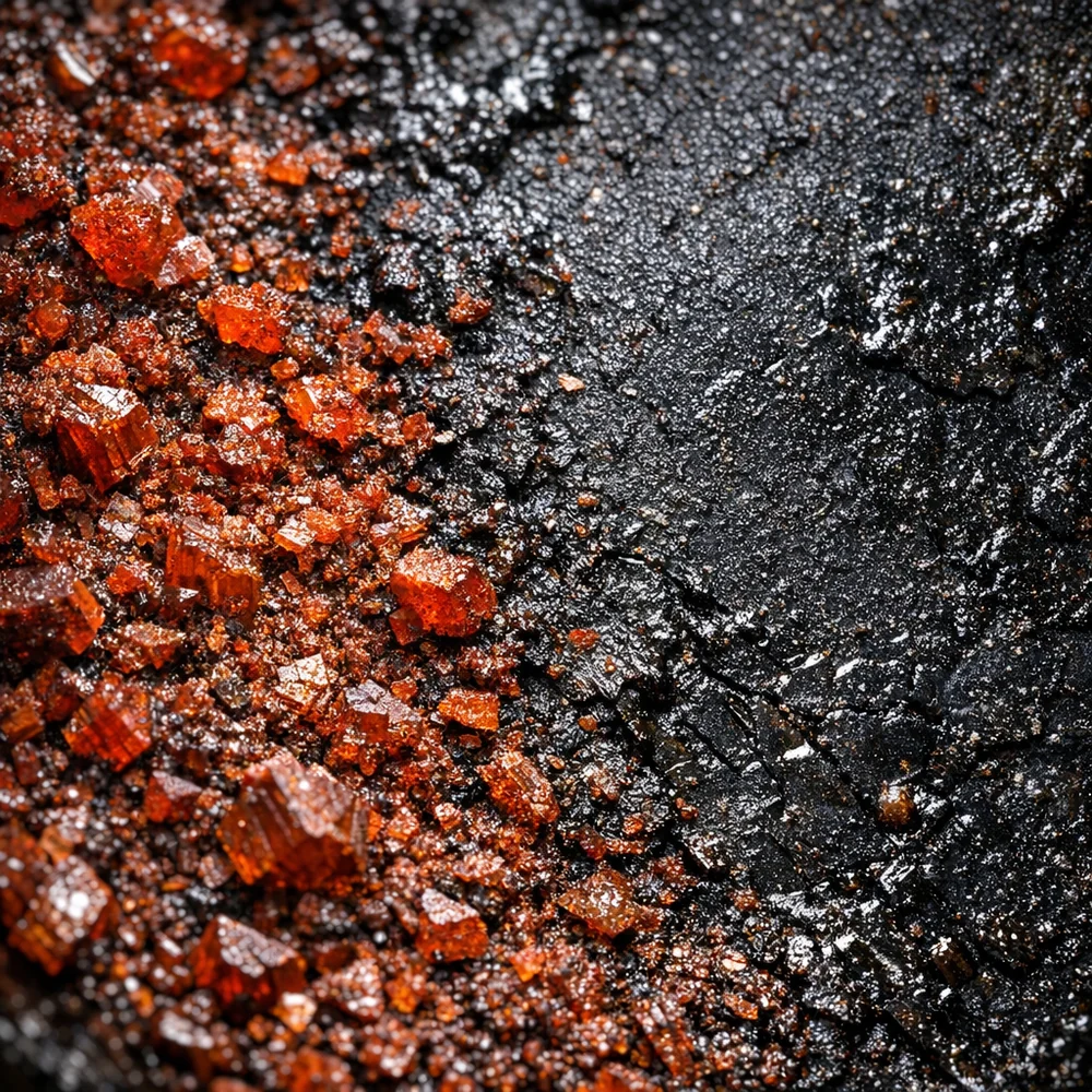 Extreme macro of a cast iron pan's surface showing microscopic red iron oxide crystals (rust) competing with a black polymerized oil layer. Sharp detail, cinematic lighting, 8k photorealistic.