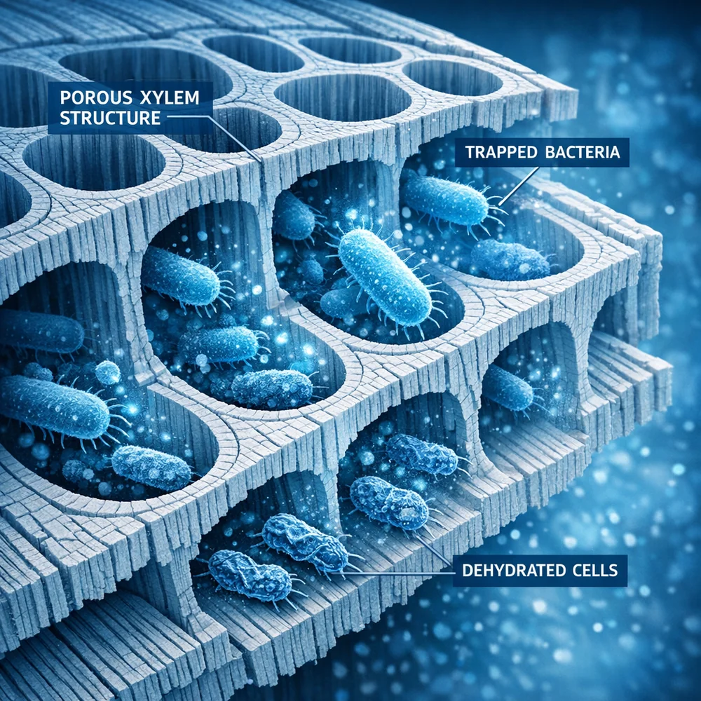 Scientific cross-section of wood grain showing bacterial cells being trapped and dehydrated within the porous xylem structure. High-tech medical animation style, clinical blue lighting.