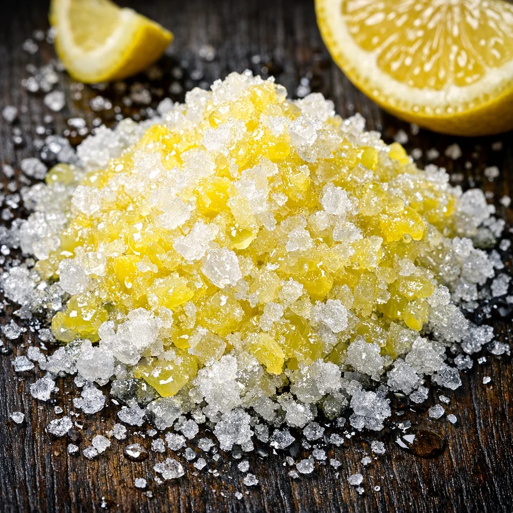 Professional laboratory photography of a coarse salt and lemon slurry on a dark wood surface. Visible crystalline structure of salt and citrus droplets. High-contrast, sharp focus, 8k.