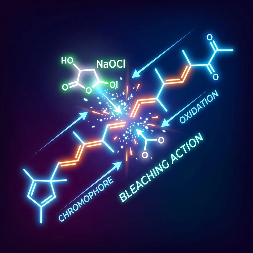 Molecular model of Sodium Hypochlorite (NaOCl) floating in a pristine aqueous environment. High-tech 3D render with glowing ionic bonds and water molecules (H2O) in the background. Clean laboratory aesthetic, medical interface style, 4k, professional scientific visualization.