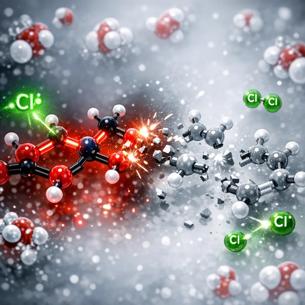 Microscopic view of a dye chromophore molecule being decimated by active chlorine species. Visual representation of the breaking of double bonds and loss of color. High-contrast clinical visualization, glowing particles, photorealistic molecular dynamics, clean lab style.