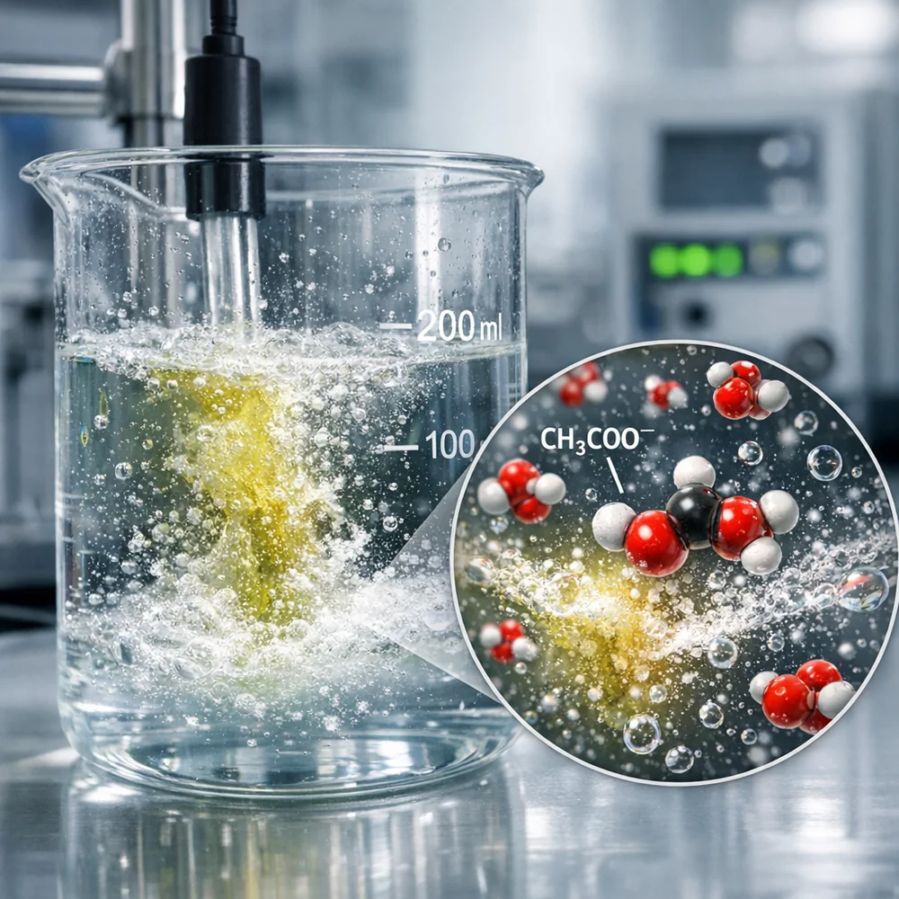 Laboratory glass beaker showing the chemical neutralization of bleach with an acidic solution. Microscopic view of the titration point with floating acetate ions. Clean, sterile lab environment, high-tech sensors in background, photorealistic medical photography, 4k.