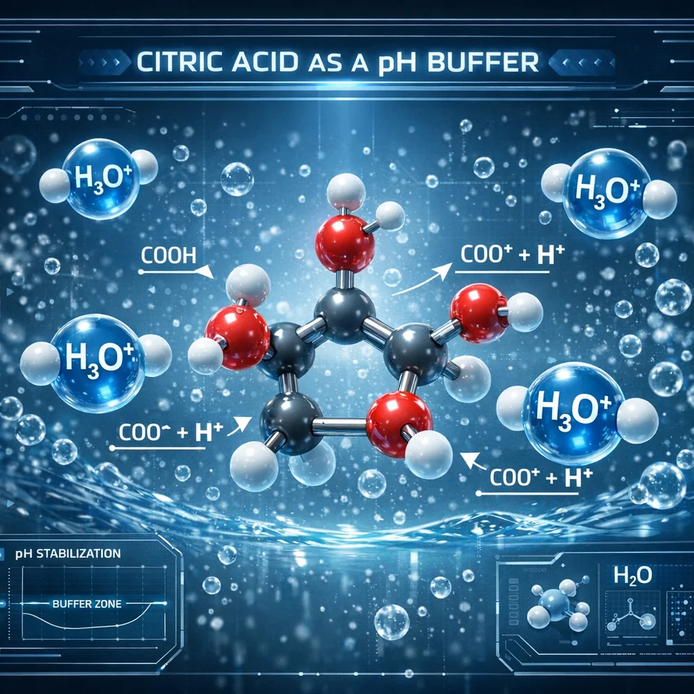 3D visualization of Citric Acid acting as a pH buffer. Molecular diagram showing the three carboxylic acid groups and their dissociation in water. Floating hydronium ions (H3O+), sleek high-tech interface, clinical blue aesthetic, 4k scientific render.