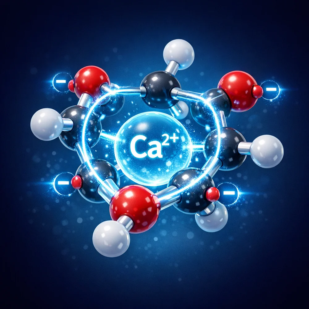 Molecular representation of a Citrate ion (Citrate Claw) sequestering a Calcium ion (Ca2+). The metal ion is trapped in the center of the citrate molecule. Glowing ionic bonds, high-tech medical animation style, dark blue background, clean lab aesthetic.