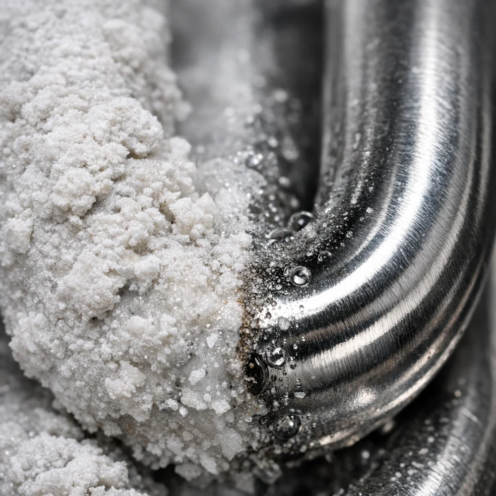 Clinical photograph of a stainless steel washing machine heating element half-coated in white limescale (Calcium Carbonate) and half-cleaned by citric acid. Macro focus on the dissolution site. Professional laboratory lighting, photorealistic, 8k, scientific contrast.