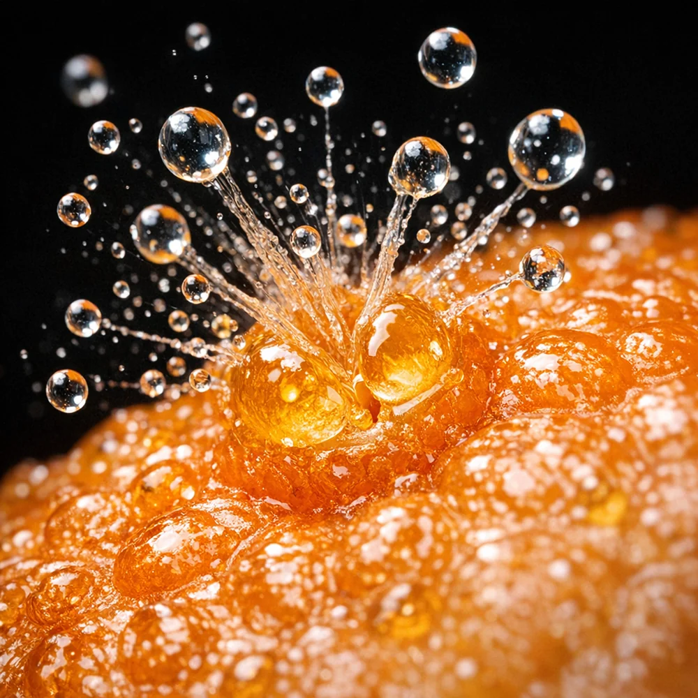 Extreme macro of an orange peel showing the microscopic oil glands bursting and releasing d-limonene droplets. Technical lighting, high-speed laboratory photography, 8k.