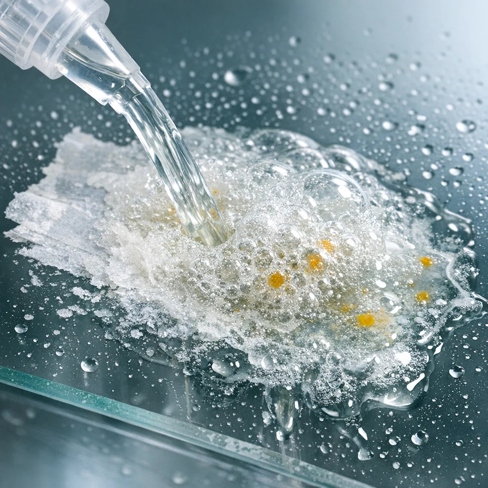 Close-up of a sticky adhesive residue on a glass surface being dissolved by a clear citrus solvent. Visible chemical reaction, sharp focus, technical clinical aesthetic.