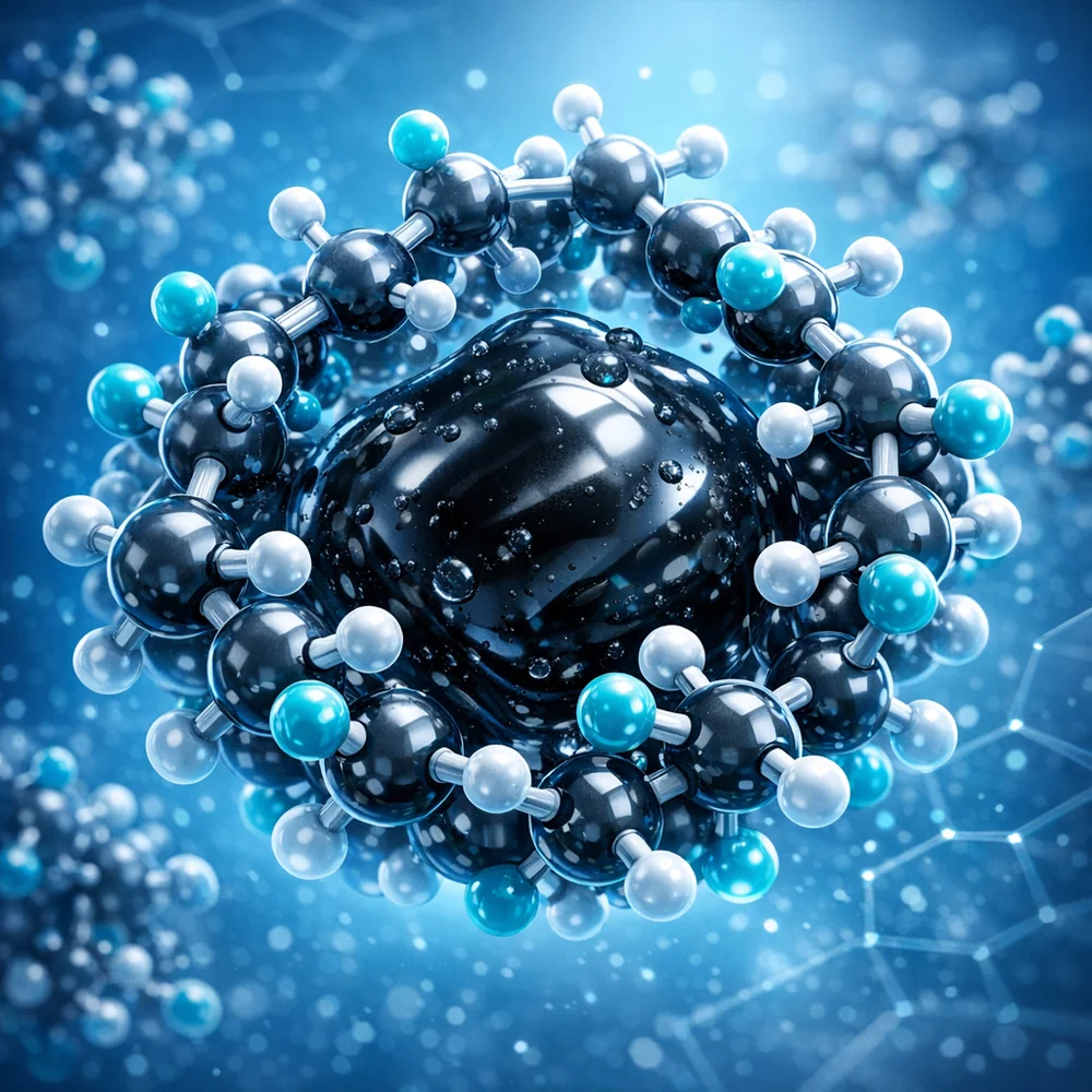 3D molecular visualization of d-limonene (a terpene hydrocarbon) surrounding and suspending a nonpolar grease molecule. High-tech medical animation style, clinical blue lighting.