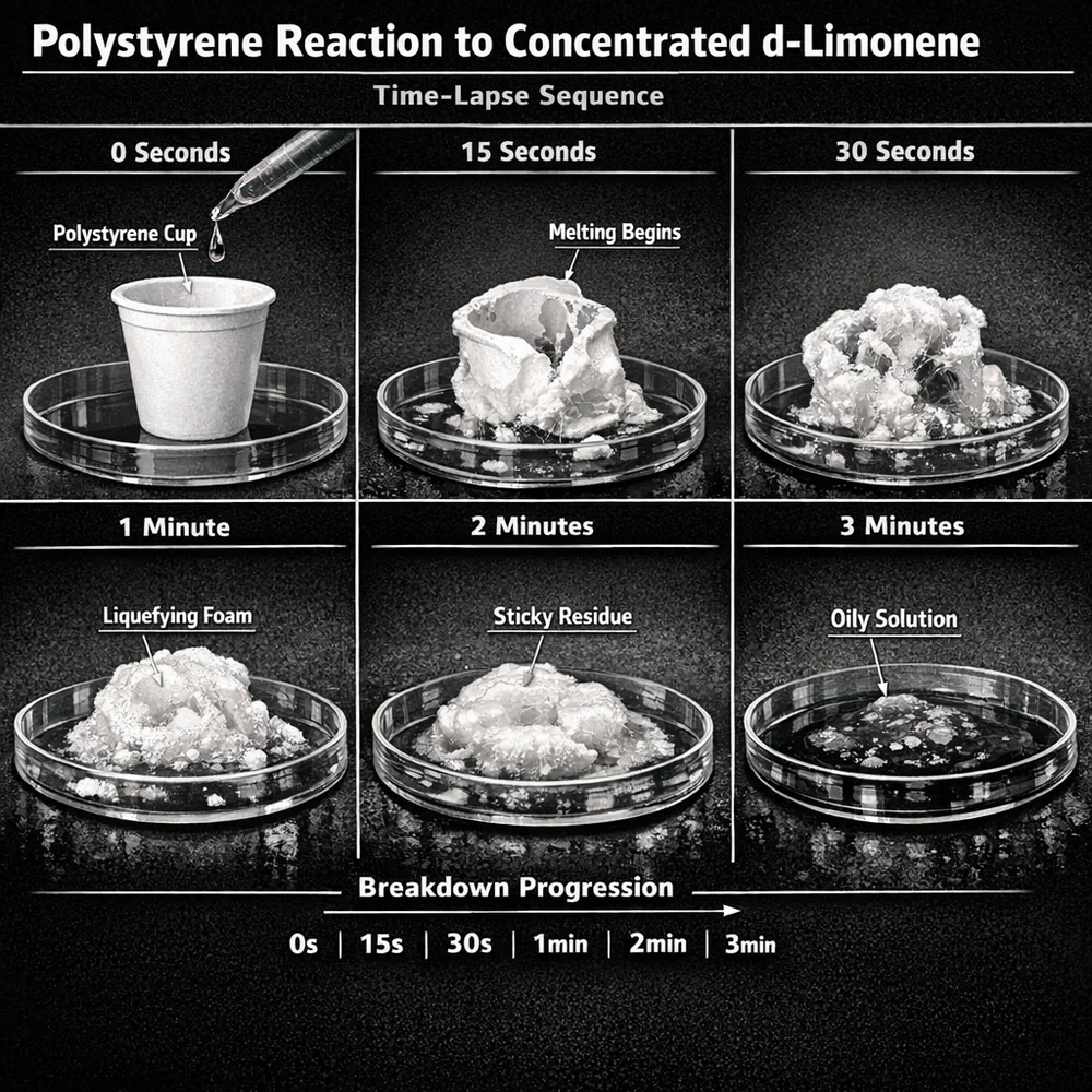 Scientific comparison of polystyrene (Styrofoam) melting when contacted by concentrated d-limonene. Time-lapse style capture, high-contrast, technical detail.