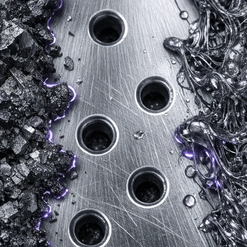 Microscopic view of 'Carbonized Starch' and 'Melted Synthetic Fibers' on a stainless steel soleplate. Shows the black, crystalline char bonding to the metal surface. Scientific monochrome aesthetic with clinical violet highlights, 8k resolution.