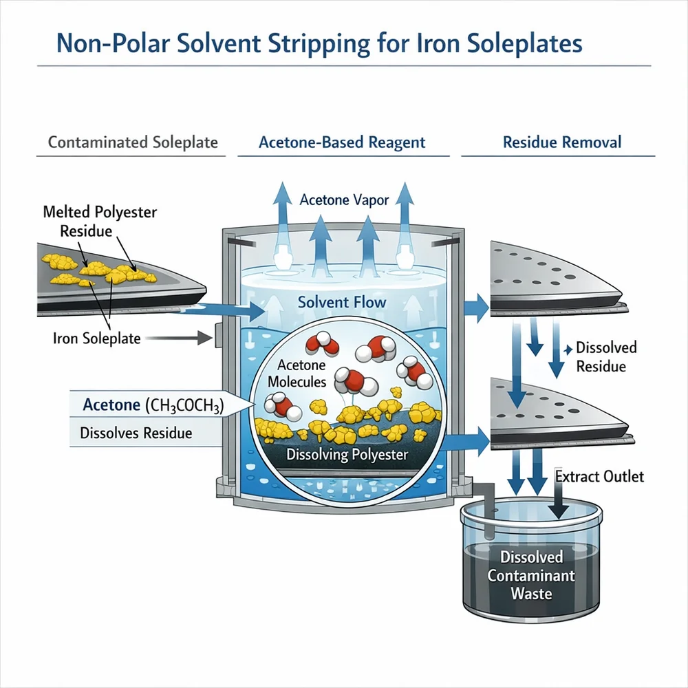 Technical diagram of 'Non-Polar Solvent Stripping' for iron soleplates. illustrates how an acetone-based reagent dissolves melted polyester residues. Engineering schematic, fluid dynamics, clinical white background.