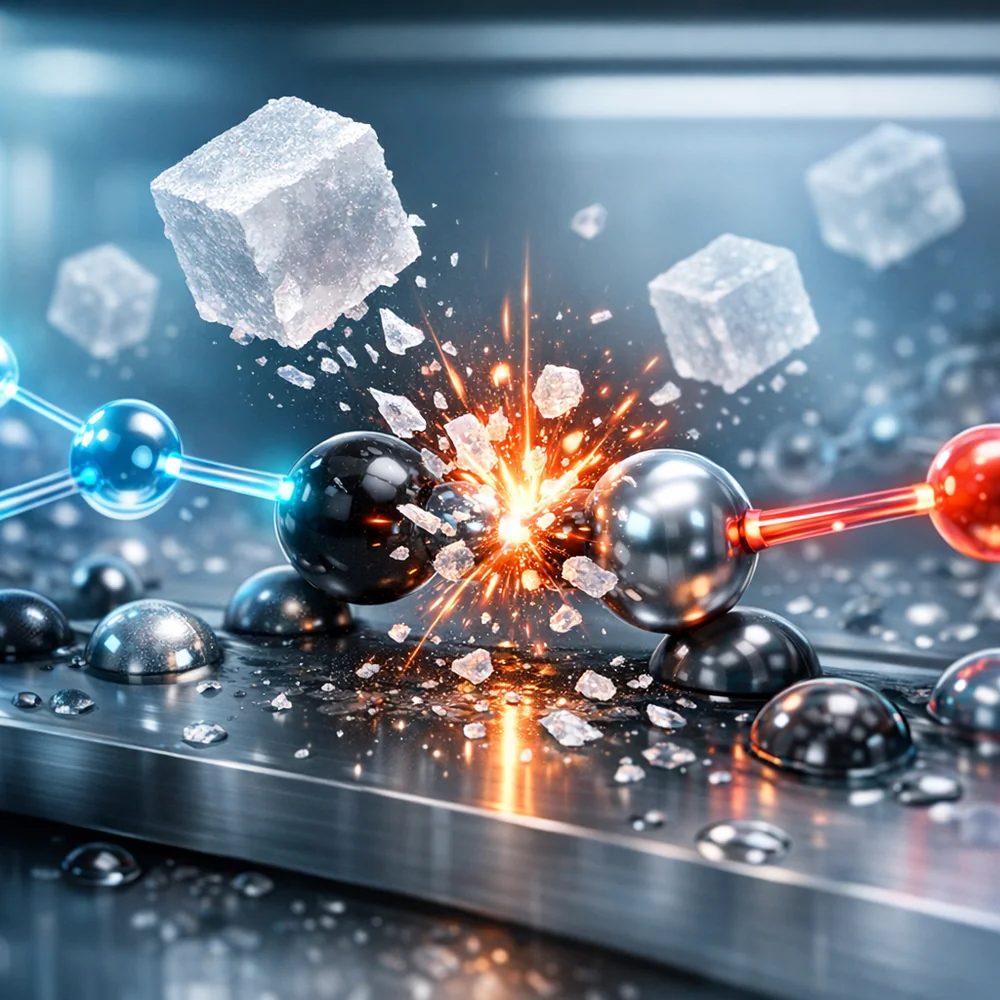Molecular visualization of 'Abrasive Scrubbing Kinetics'. shows salt crystals (NaCl) or baking soda particles mechanically breaking the carbon-metal bond. High-tech medical animation style, glowing atomic connections, clean lab aesthetic.