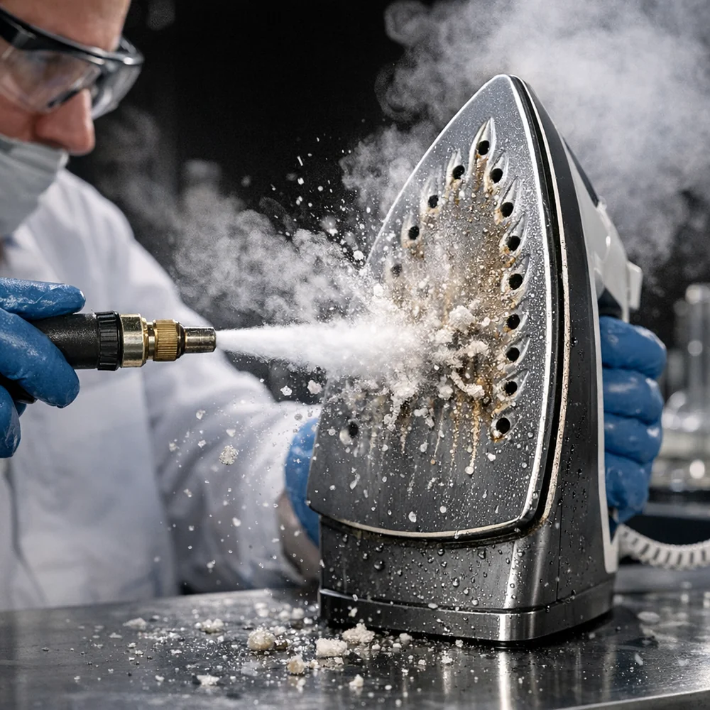 Laboratory photograph of 'Steam-Vent De-scaling'. shows a technician using pressurized steam to flush mineral deposits from the internal vents of an iron. High-speed scientific capture, professional lighting, photorealistic.