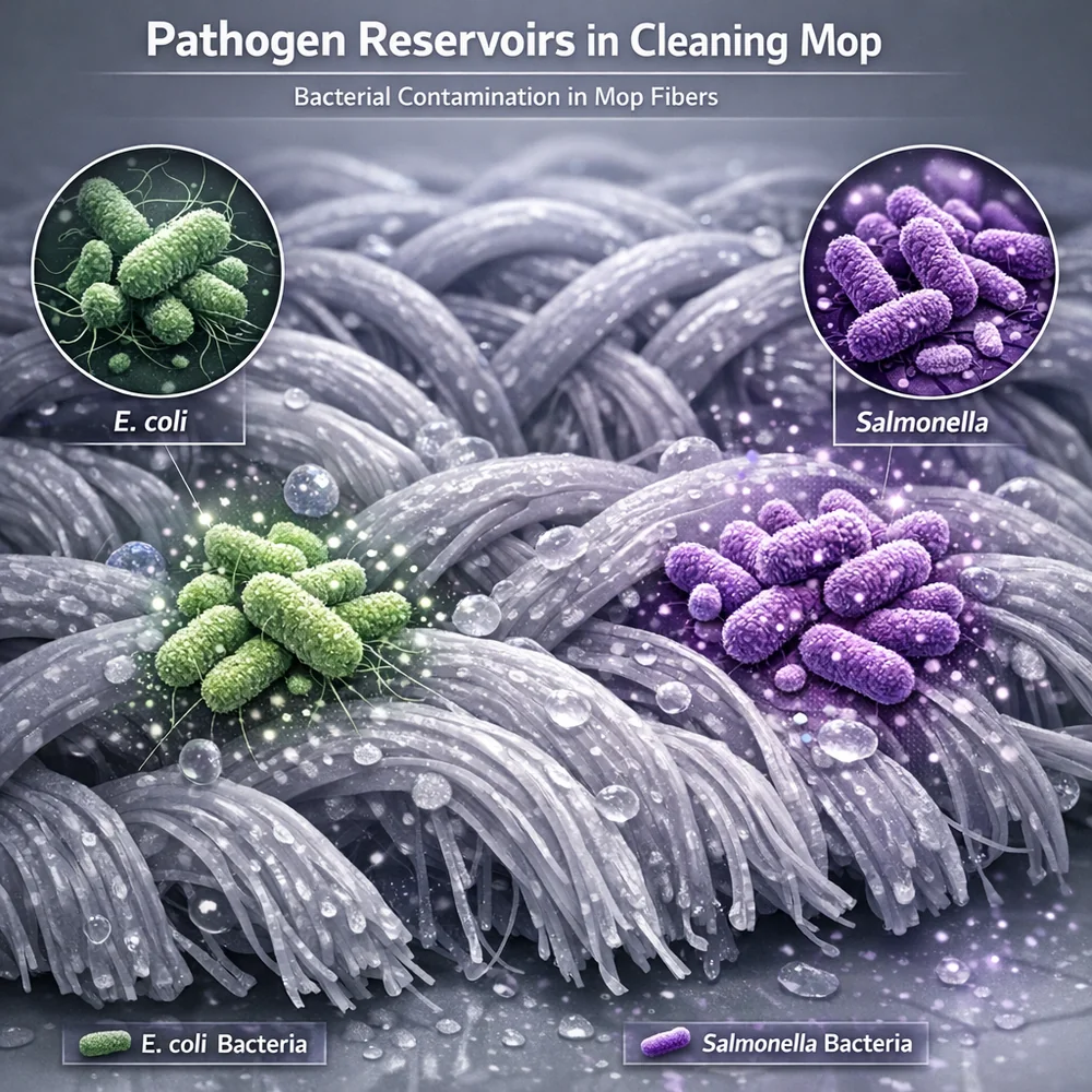 Scientific 3D model of 'Pathogen Reservoirs' in a cleaning mop. Shows high concentrations of bacteria (E. coli, Salmonella) trapped in the mop's fibers after use. High-tech medical visualization, clinical grey and purple hues.