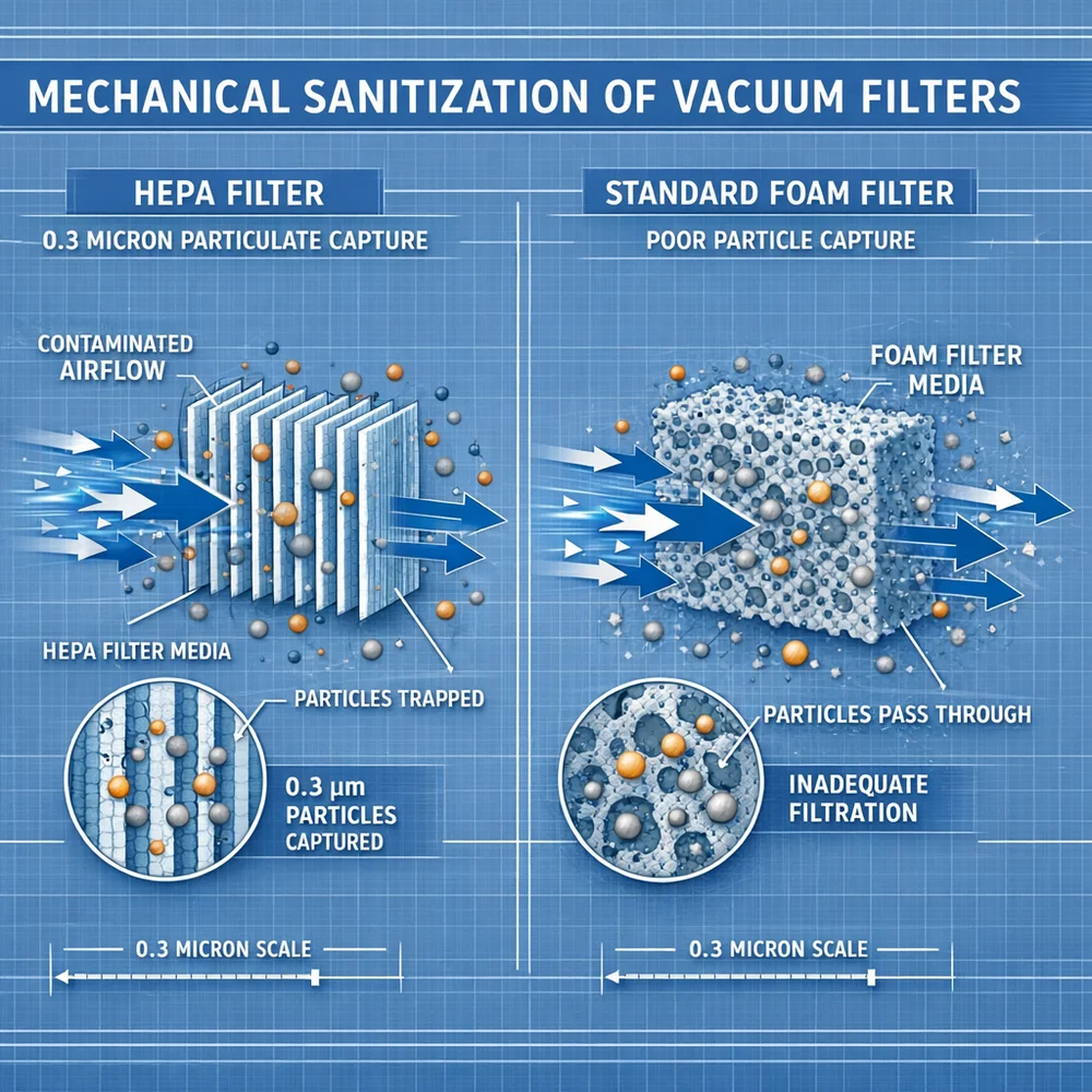 Technical diagram of 'Mechanical Sanitization' for vacuum filters. illustrates the 0.3-micron particulate capture in a HEPA filter compared to a standard foam filter. Engineering schematic, airflow vectors, clinical blue background.