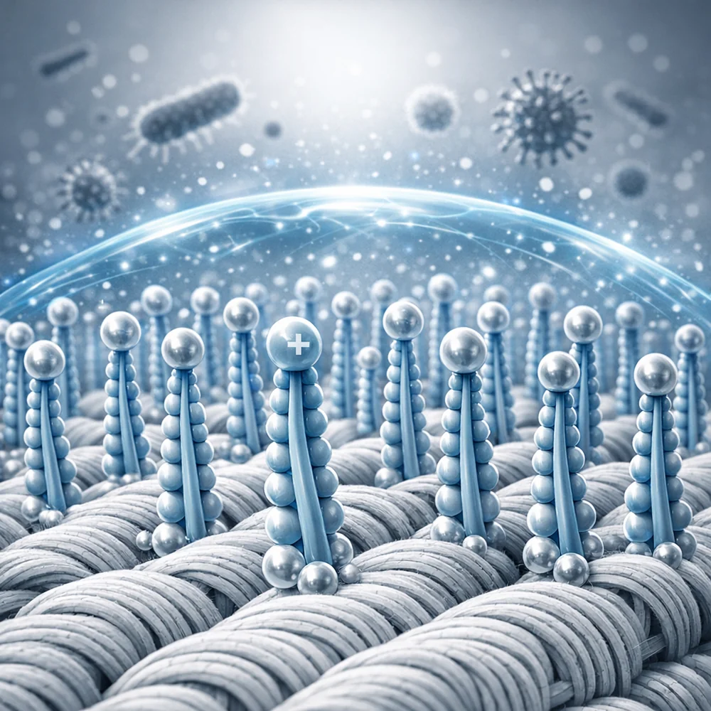 Molecular visualization of 'Quaternary Ammonium' germicides (Quats) forming an antimicrobial barrier on a cleaning cloth. Shows the long-chain molecules standing on the fiber surface. High-tech medical animation style, clinical grey and blue.