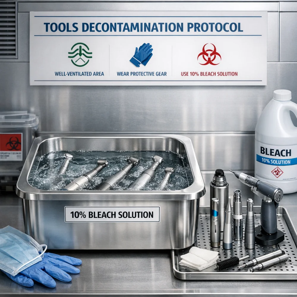 Professional setup of 'Tools Decontamination Protocol'. Features a stainless steel soak basin with a 10% bleach solution and multiple cleaning heads in a well-ventilated area. High-tech medical photography, 8k resolution.