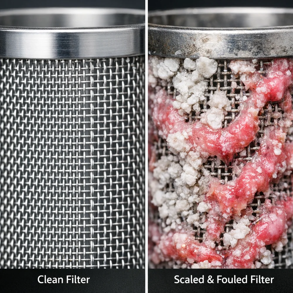 Side-by-side comparison of a pristine stainless steel mesh filter versus one heavily encrusted with white calcium carbonate scale and pink biofilm slime. Clinical lighting, professional macro photography.