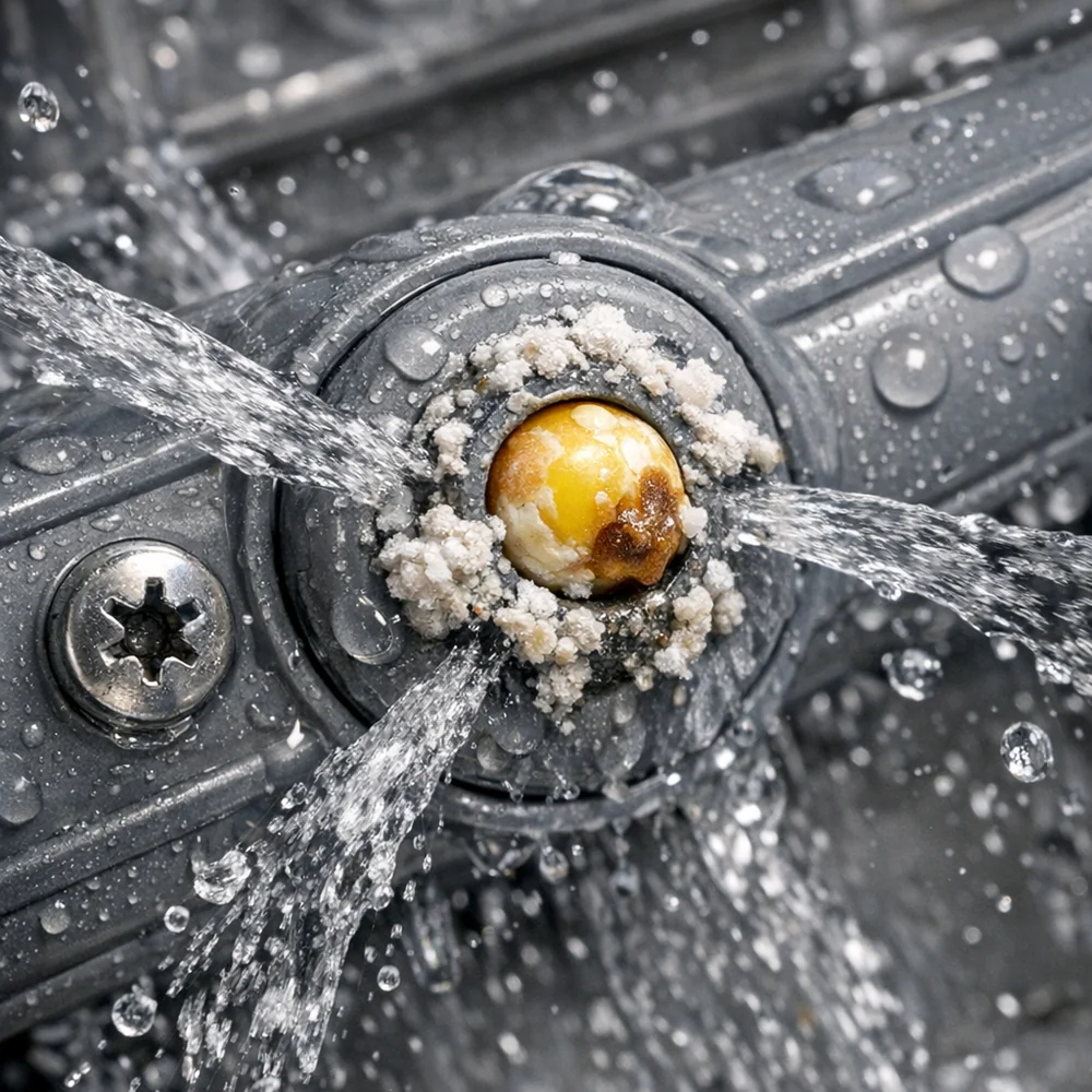 Close-up of a dishwasher spray arm nozzle clogged with a single popcorn kernel and white mineral deposits. Visible water pressure build-up. Engineering aesthetic, sharp detail, 4k.