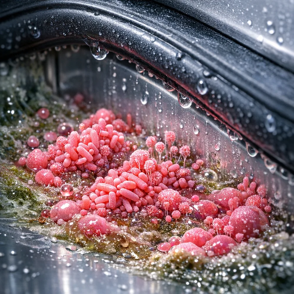 Microscopic view of *Serratia marcescens* (pink mold) colonies thriving in the damp shadow zone of a dishwasher door gasket. High-tech biological rendering, vibrant colors, clinical background.