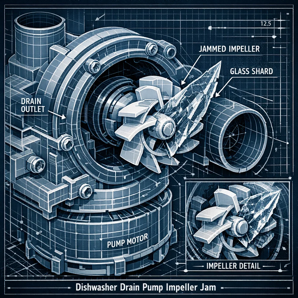 Schematic 3D render of a dishwasher drain pump impeller jammed with a sharp shard of clear glass. Engineering blueprint overlay, industrial aesthetic, high-contrast.